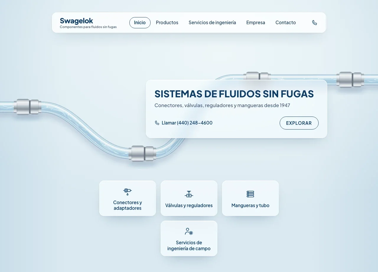 La página de inicio en vivo de Fluido: un tubo de vidrio con conectores de acero detrás de una tarjeta esmerilada con el texto “Sistemas de fluidos sin fugas”.